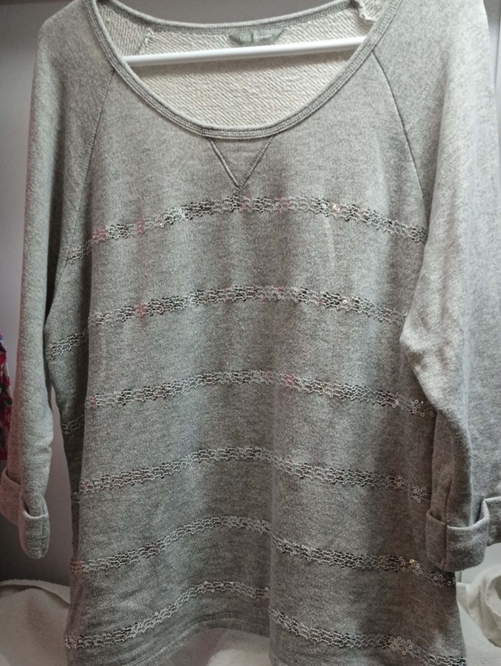 Marks & Spencer Light Heather Gray Scoop-Neck Sweater with Metallic Stripes